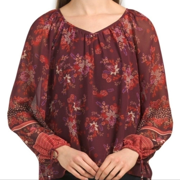 Chelsea & Theodore Burgundy mixed floral/ paisley / dot prints blouse NWT - Picture 2 of 11